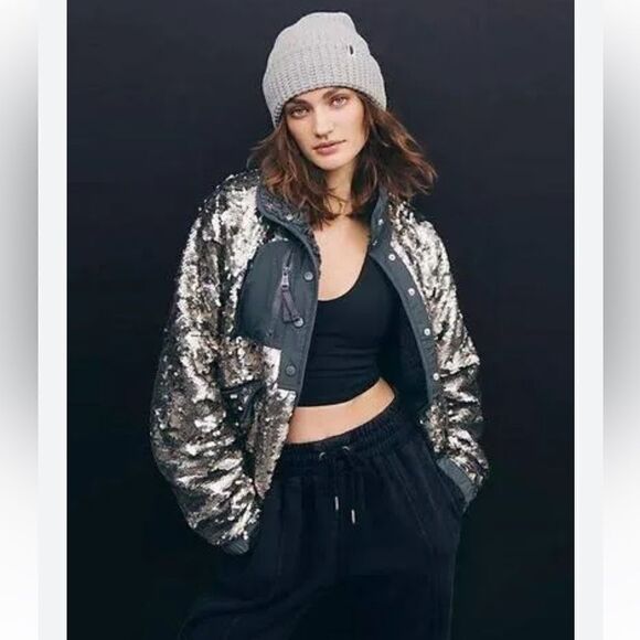 Fp Movement Free People Hit The Slopes Jacket silver sequin fleece bomber XL